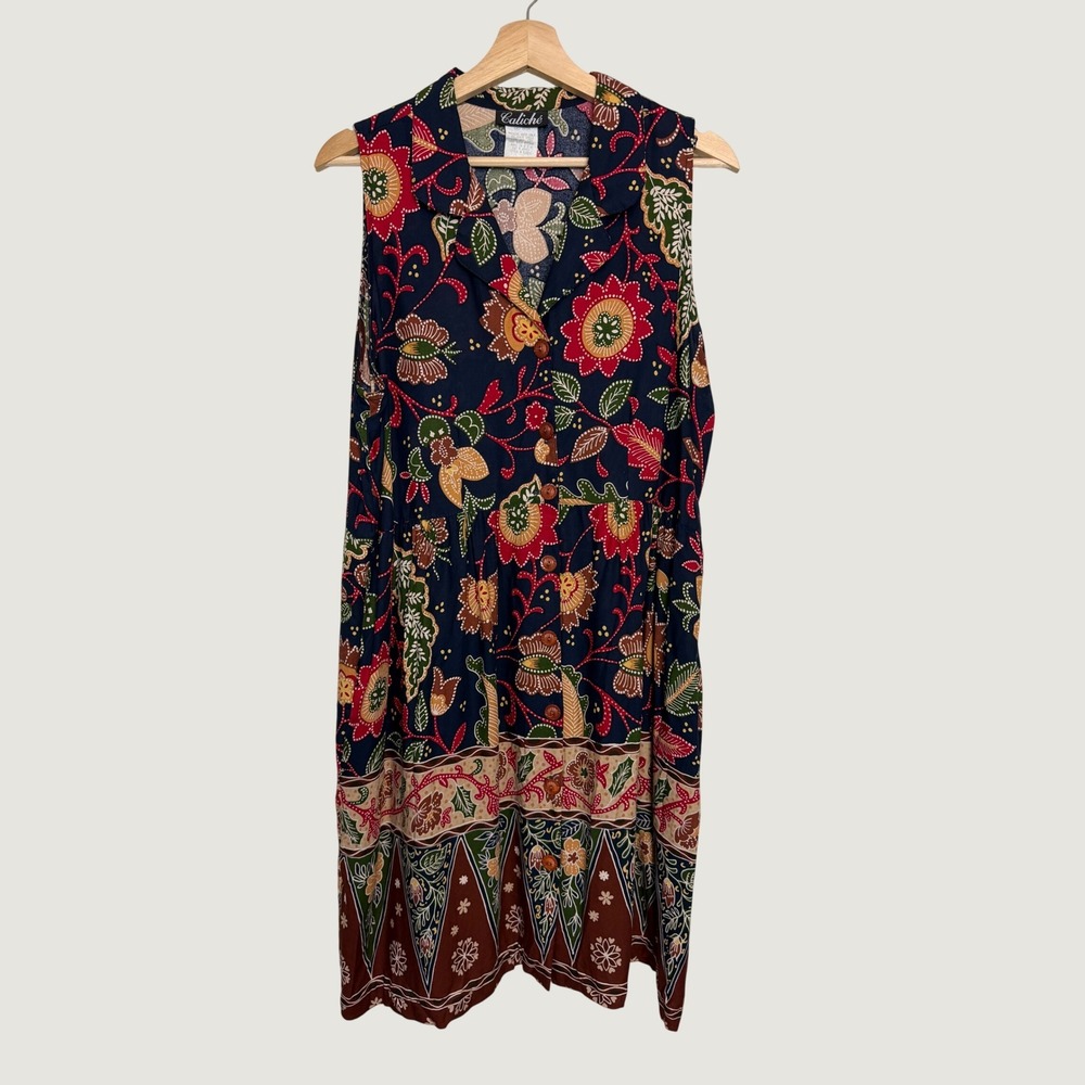VIntage Caliche Womens Navy Blue Batik Floral Button‎ Front Midi Dress Size 16